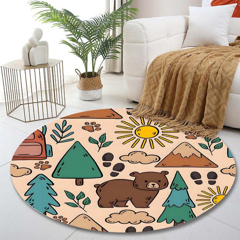 Cute Cartoon Bear and Forest Pattern Print round rug, living room, bedroom, playroom carpet, non slip floor mat, gift