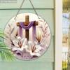 2D Flat, 1pc Easter Sign White Lily Flowers and Cross Wooden Ornaments 7.87x7.87inch Round Wall Art Decor Plaque Easter Decoration Perfect for Front
