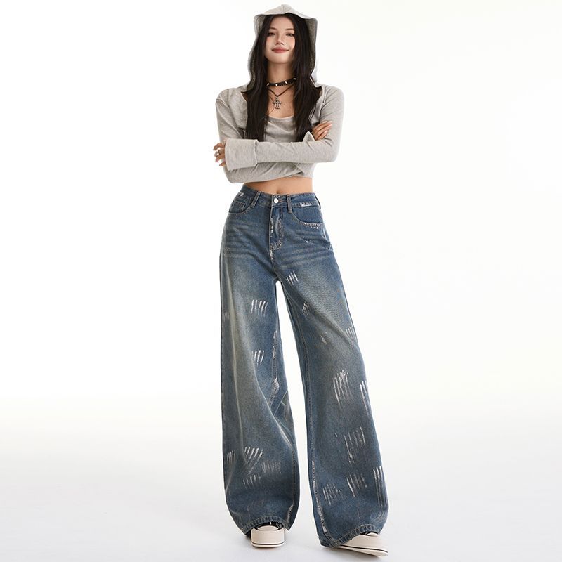 Autumn Winter Vintage Blue Silver Print High Waist Slim Floor Straight Wide Leg Denim Pants Women Casual Pants Oversize Denim Trousers