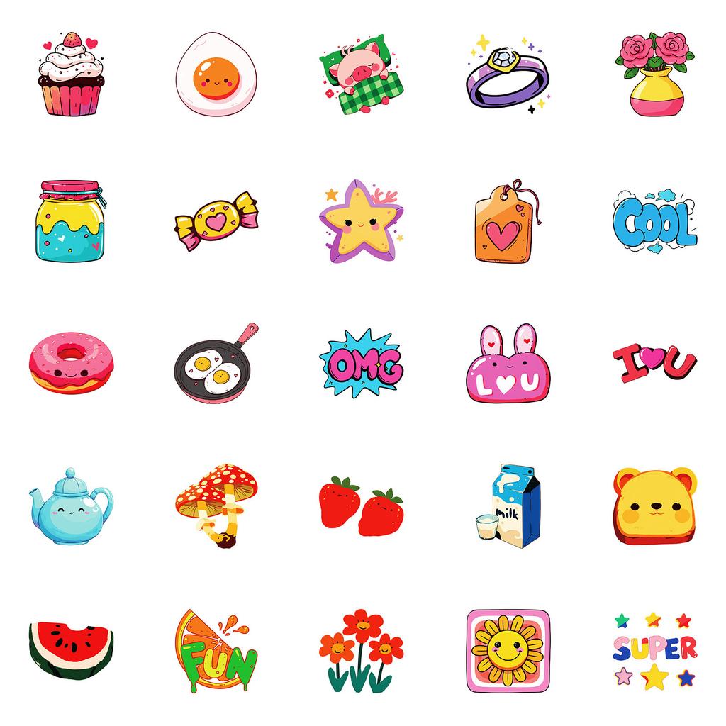 50 Girl Heart Hand-painted Cartoon Doodle Strawberry Cake Watermelon Five-pointed Star Waterproof Stickers