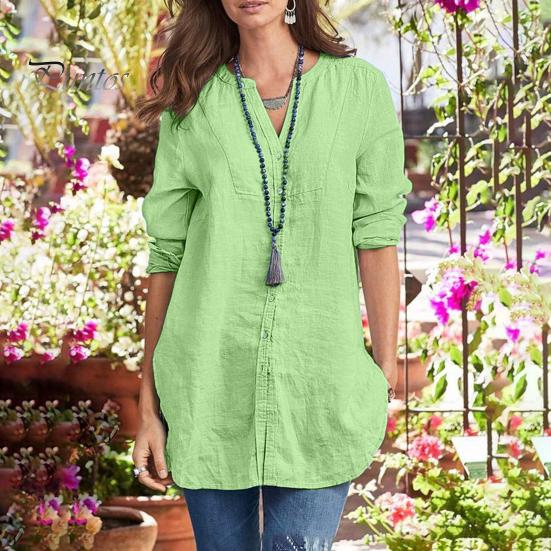 Women Spring Shirt V-neck Long Sleeve Single Breasted Shirt Tops Loose Fit Buttons Placket Mid-length Casual Shirt