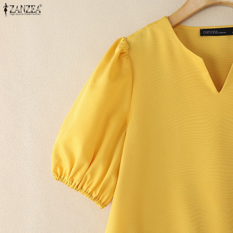 ZANZEA Women Casual V-Neck Summer Short Sleeve Splice Blouse