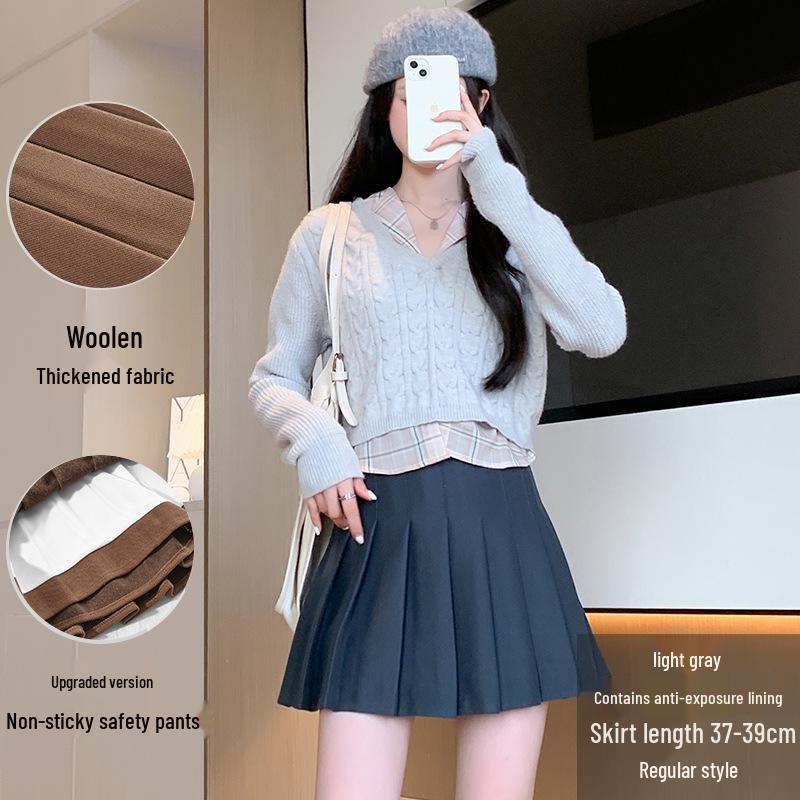 High-Waist A-Line Pleated Wool Skirt - Women's Autumn/Winter, Slim Fit, Plus Size, Korean Style, Short/Midi Length.