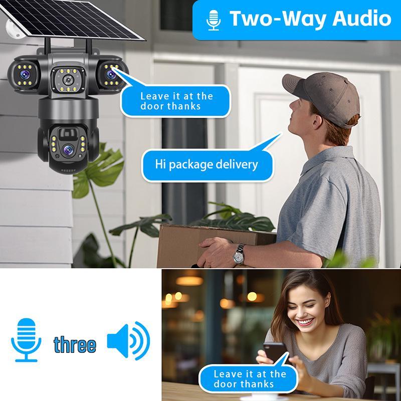 V380pro Solar-Powered 360° 4G Smart Outdoor Surveillance Camera with Three-Lens and Remote Monitoring