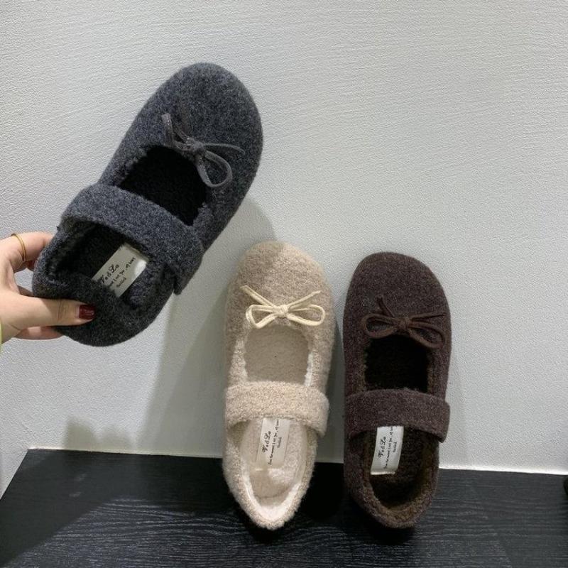 Fashion Design Elegant Plush Loafers Women's Shearling Ballet Flats Strap Warm Rabbit Fur Lined Crystal Buckle Mary Jane Flat Shoes