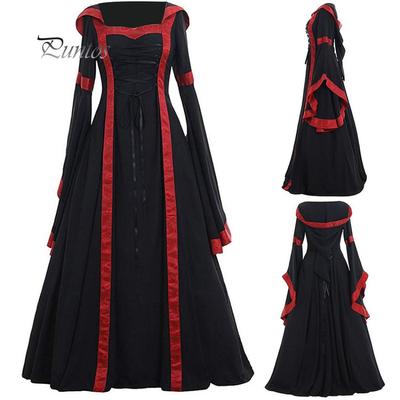 Women's Fashion European and American Medieval Retro Hooded Dress Square Neck Lace Up Flare Sleeve Large Swing Dress Halloween Dress