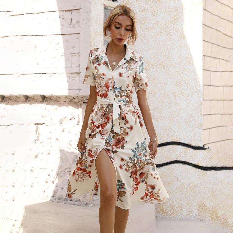 Hohe Taille A-Linie Sommerkleid Damen Schnürung Ethnisch Bedruckt Kurzarm