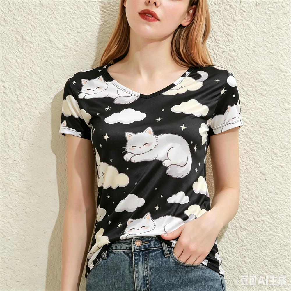 Cute Animal Pattern Women's T-Shirt Fashion V-neck Short Sleeve Tees Summer Loose Tops Daily Casual Comfortable Female Clothing