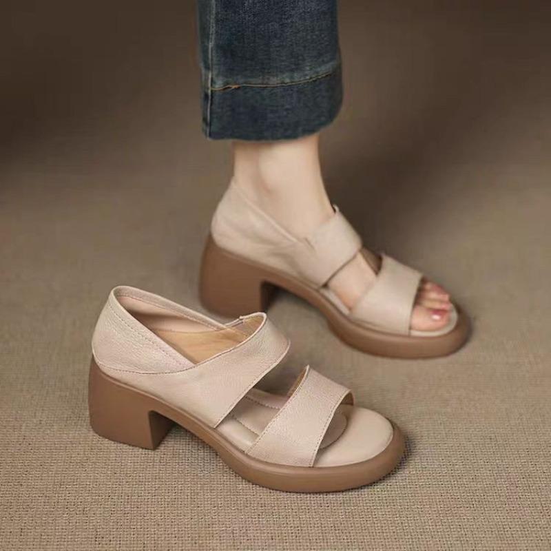 2026 New Women's Soft Leather Soft Bottom One Line Fish Mouth Sandals for Summer Outerwear, Thick Heels