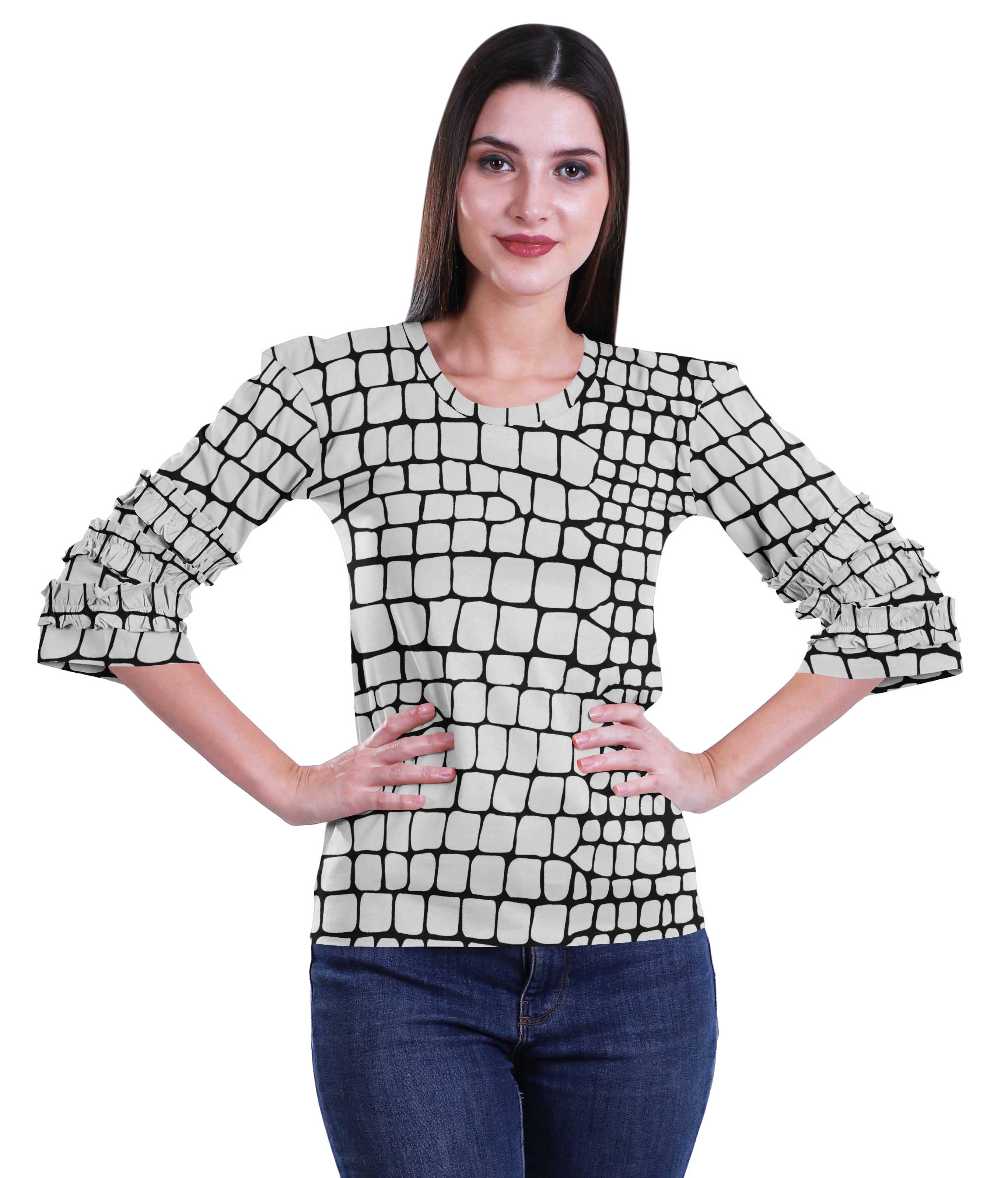 

Moomaya Ruffle Sleeve Printed Cotton Womens Tops Plus Size Short T-Shirt Top XS білий