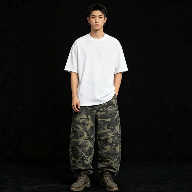 Retro Washed Camo Wide Leg Jeans Men Women Loose Fit High Waist Denim Pants Casual Streetwear