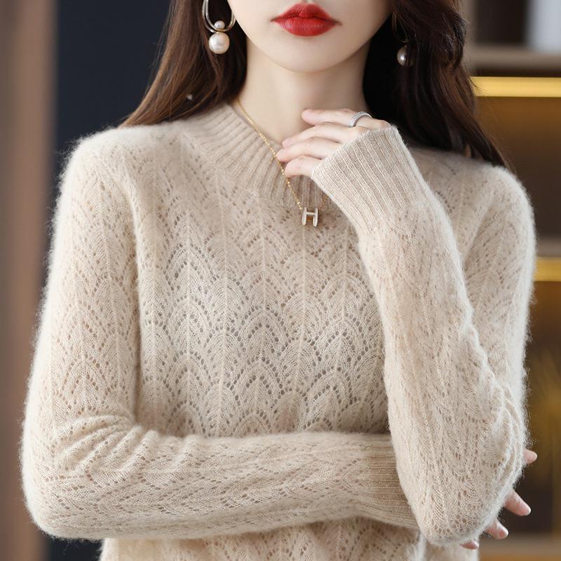 2026 Spring/Autumn Women's Solid Color Knitted Pullover: Half-High Collar, Long Sleeve, Hollow Out, Loose Fit, Stylish Base Layer Sweater