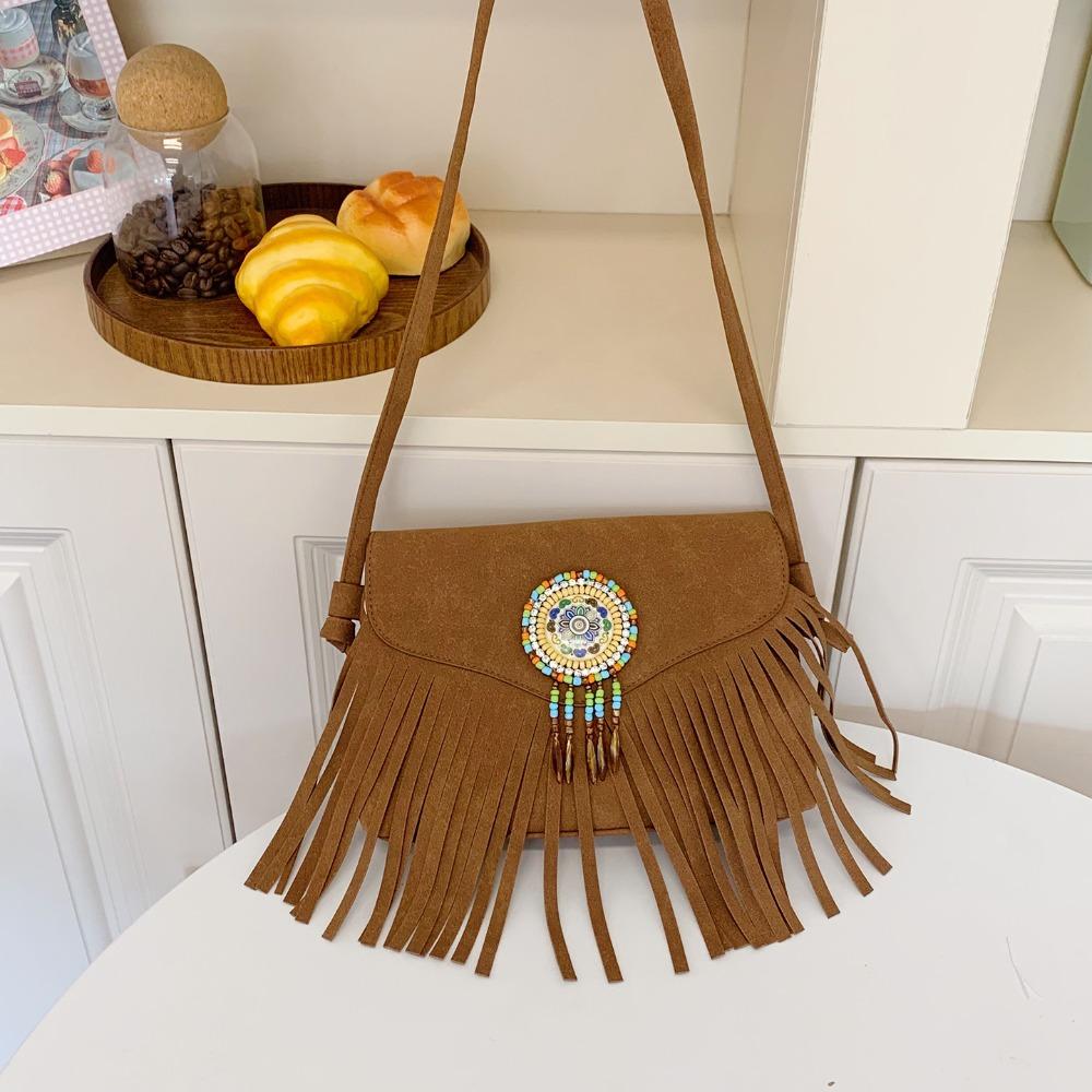 

Korean Style Tassel Shoulder Bag PU Leather Vintage Suede Crossbody Bag Large Capacity Bohemian Style Ethnic Style Handbag Girls коричневый