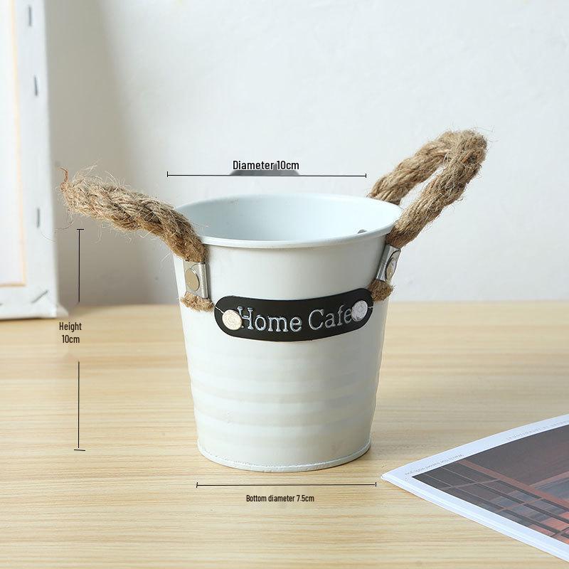 Small Retro Distressed Whitewashed Tin Flower Pot for Tabletop or Balcony Decor, Ideal for Succulents and Iron Lettering