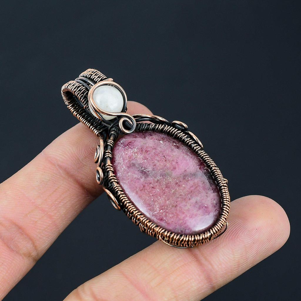 Rhodonite & Moonstone Gemstone Handmade Pure Copper Wire Wrap Jewelry Pendant