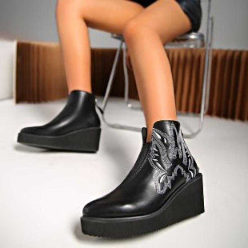 Fashion slope heel thick sole high heel pointed short boots women's embroidered thread pattern women's leather boots