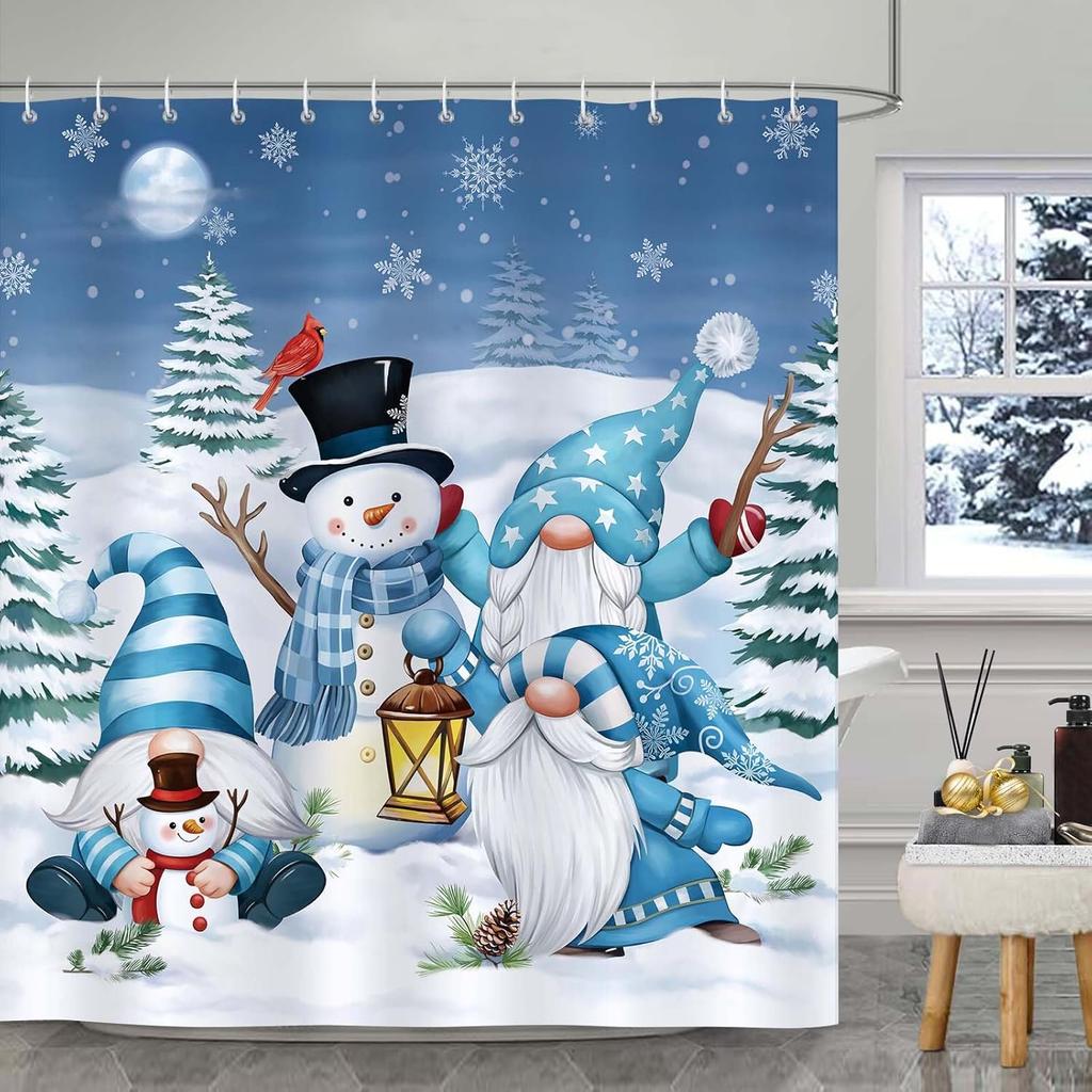 Winter Christmas Snowman Shower Curtains Snowflake Xmas Reindeer Nature Forest Snowy Scenery Farmhouse Bathroom Decor with Hooks