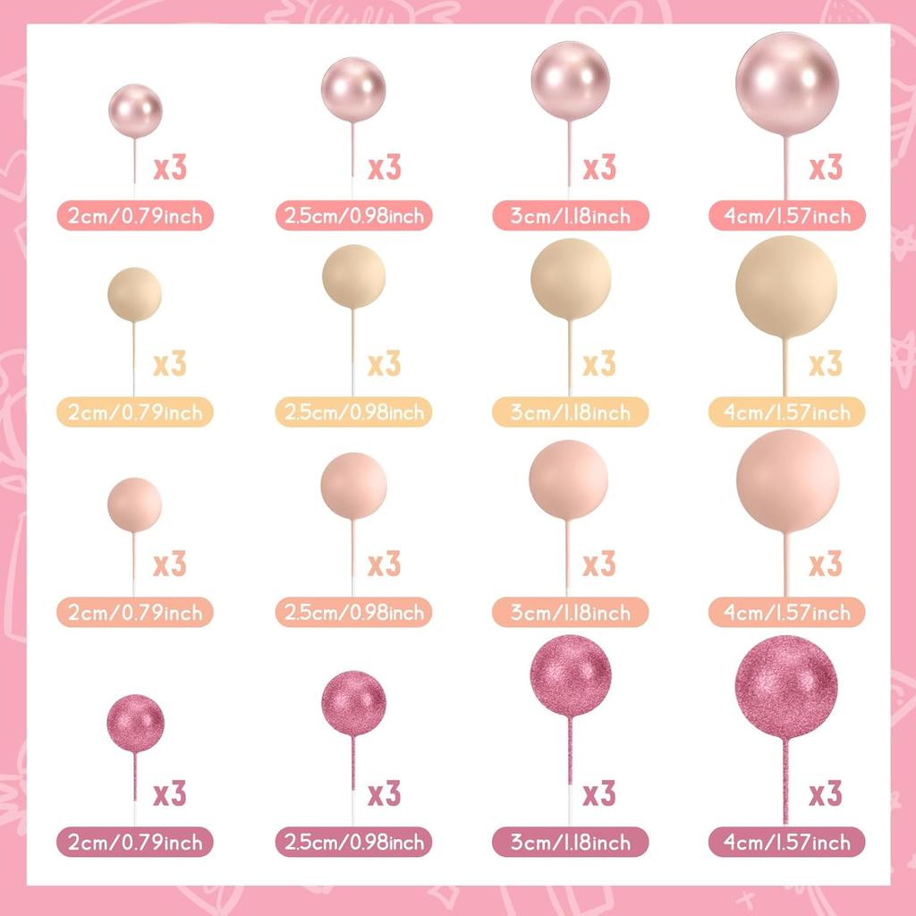 48 Stück Rosa Kuchen Deko Kugeln Cake Topper für Geburtstagsfeier Hochzeitstorte Deko(Glitzerndes Pink, Roségold, Hellbraun, Helles Nude)