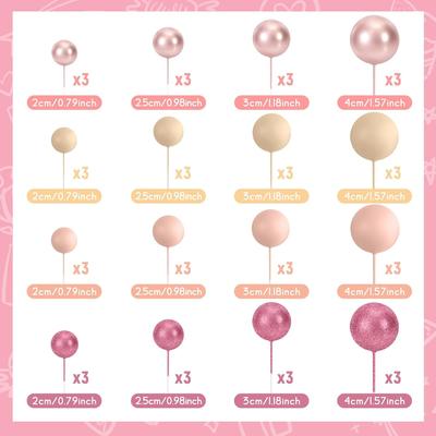 48 unidades Bolas Decorativas Rosa para Bolo Cake Topper para Festa de Aniversário Decoração de Bolo de Casamento(Rosa com Glitter, Ouro Rosa, Castanho Claro, Nude Claro)
