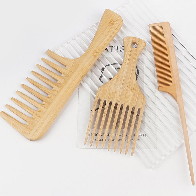 1Pcs Natural Bamboo Wooden Hair Comb Anti-Static Afro Fork Combs For Women Round Wide Tooth Wood Comb