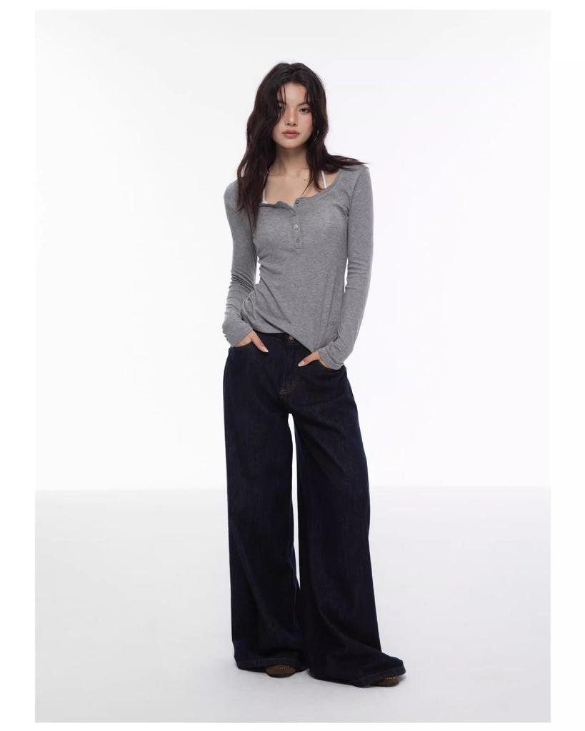 Haut Henley Blanc Américain pour Femme à Col Rond U Manches Longues Coupe Ajustée à la Taille pour le Printemps/Automne