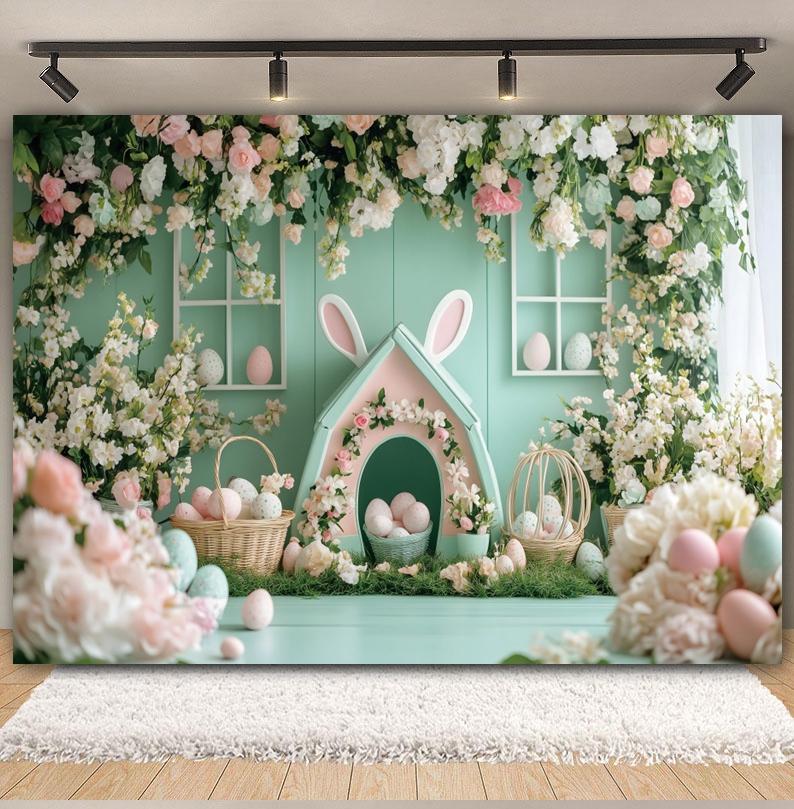 Spring Easter Cottage Colorful Egg Rabbit Photography Background Flower and Tree House Children's Birthday Decoration Backdrop