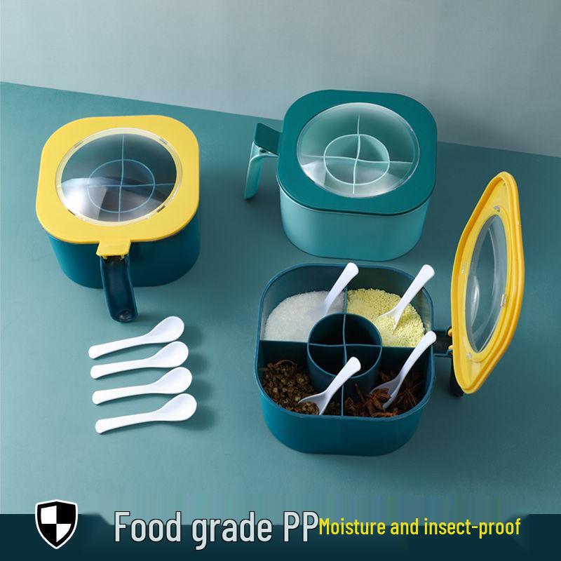 Caixa de Condimentos de Cozinha de Quatro Compartimentos com Tampa: Armazenamento Multifuncional para Sal, Açúcar, MSG