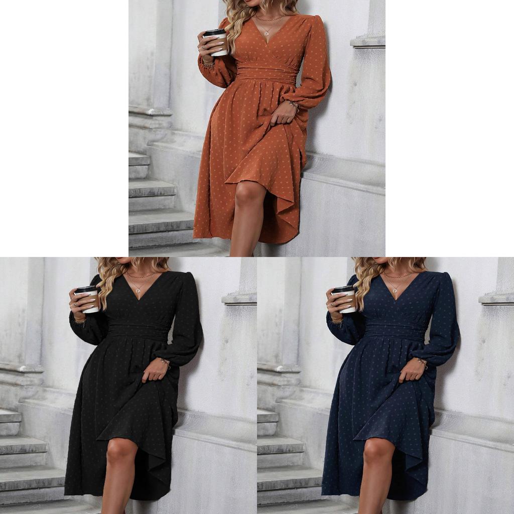 Polyester V Neck Lantern Sleeve Pleated A Line Dress For Autumn Winter Fashion