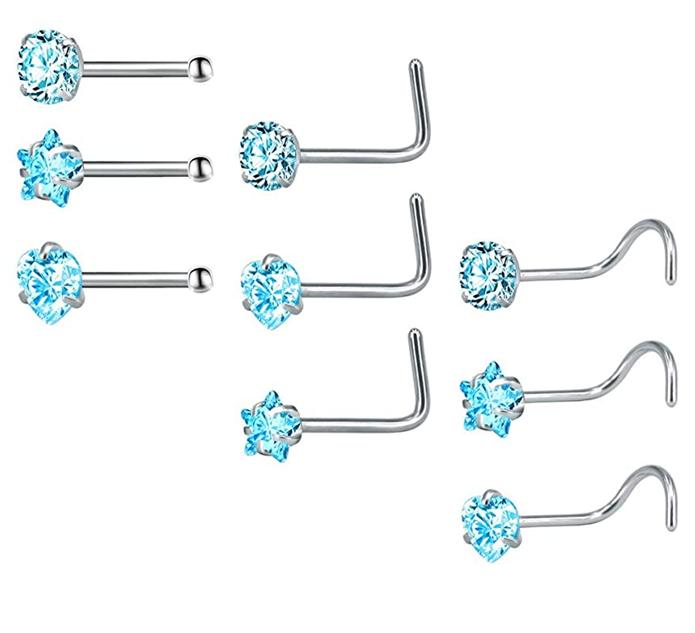 

ZS 3-12pcs/lot Stainless Steel Nose Stud Set Round Heart Star CZ Crystal Nose Piercings 3MM L Shape Nostril Piercing Jewelry 20g