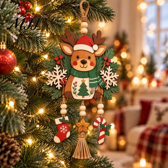 Handmade Holiday Ornaments Christmas Reindeer Hanging Ornament, Wooden Deer Decoration with Stocking Star Candy Party Supplies Cane Charms,