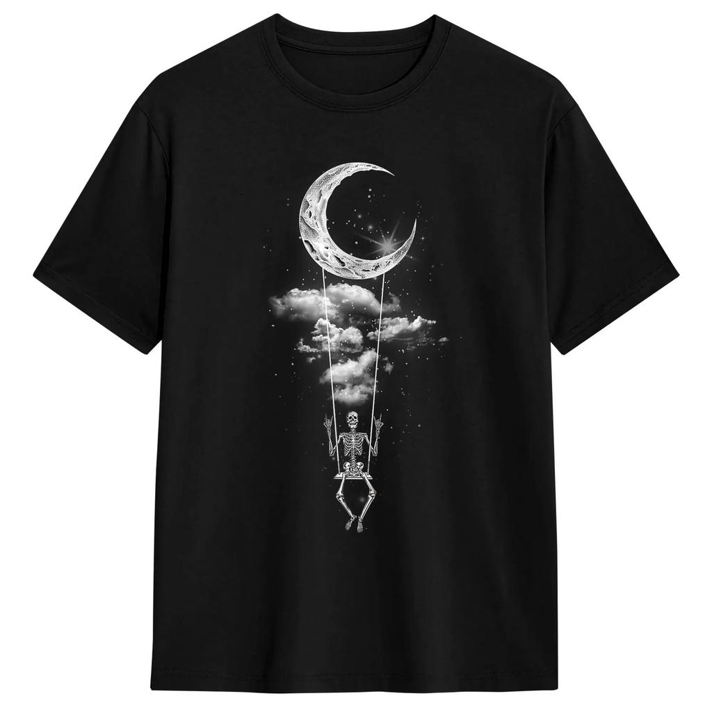 Skeleton Couple Moon Swing Guitar Lover Halloween Rock T-Shirt for Funny Cotton Tees Crew Neck Short Sleeve T Shirt