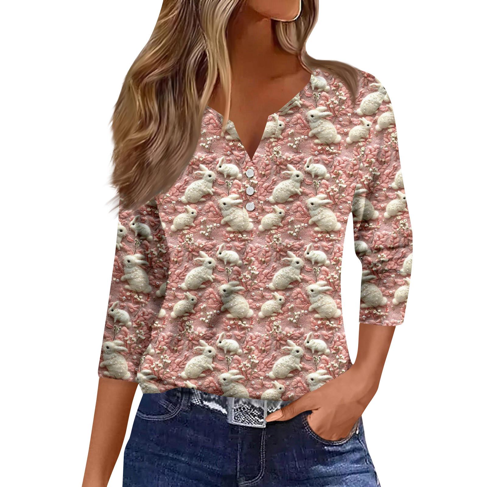 Women s Fashion Casual Seven Minute Sleeve Popover Easter Print Pullover Top M розовый