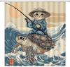 Funny Japanese Cat Shower Curtain Cute Cat Riding Sea Turtle Vintage Sun Blue Ocean Sea Waves Asian Abstract Marine  Bathroom