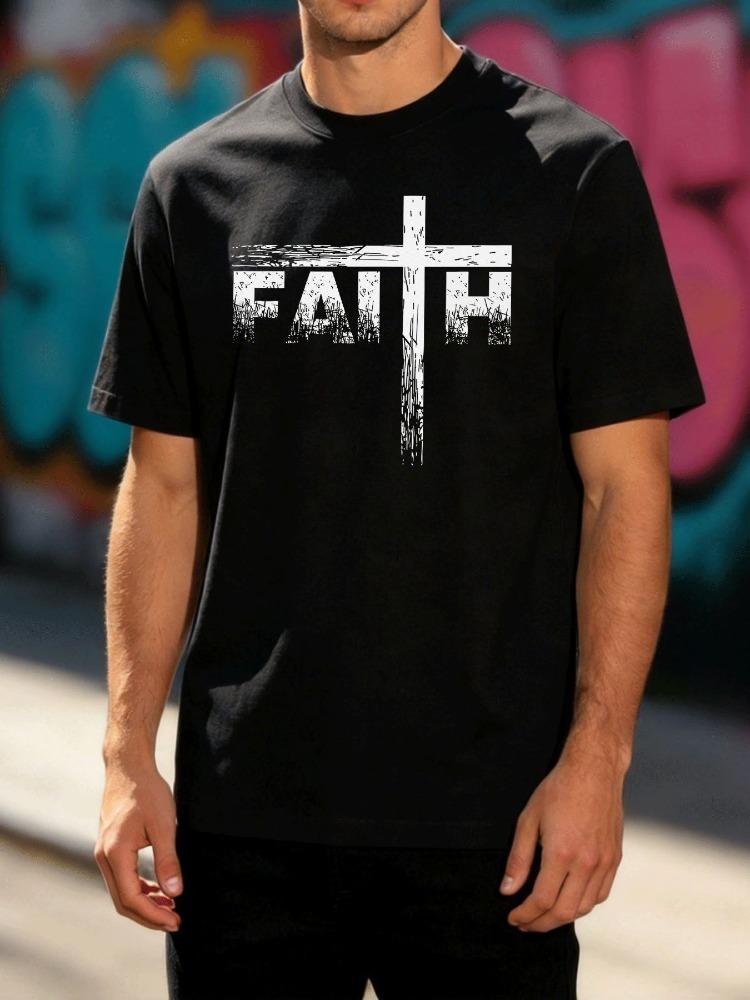 Unisexs Distressed Faith Cross Christian Letter Graphic White Crew Loose Short Sleeve Soft Cotton Summer Street Daily Casual Top