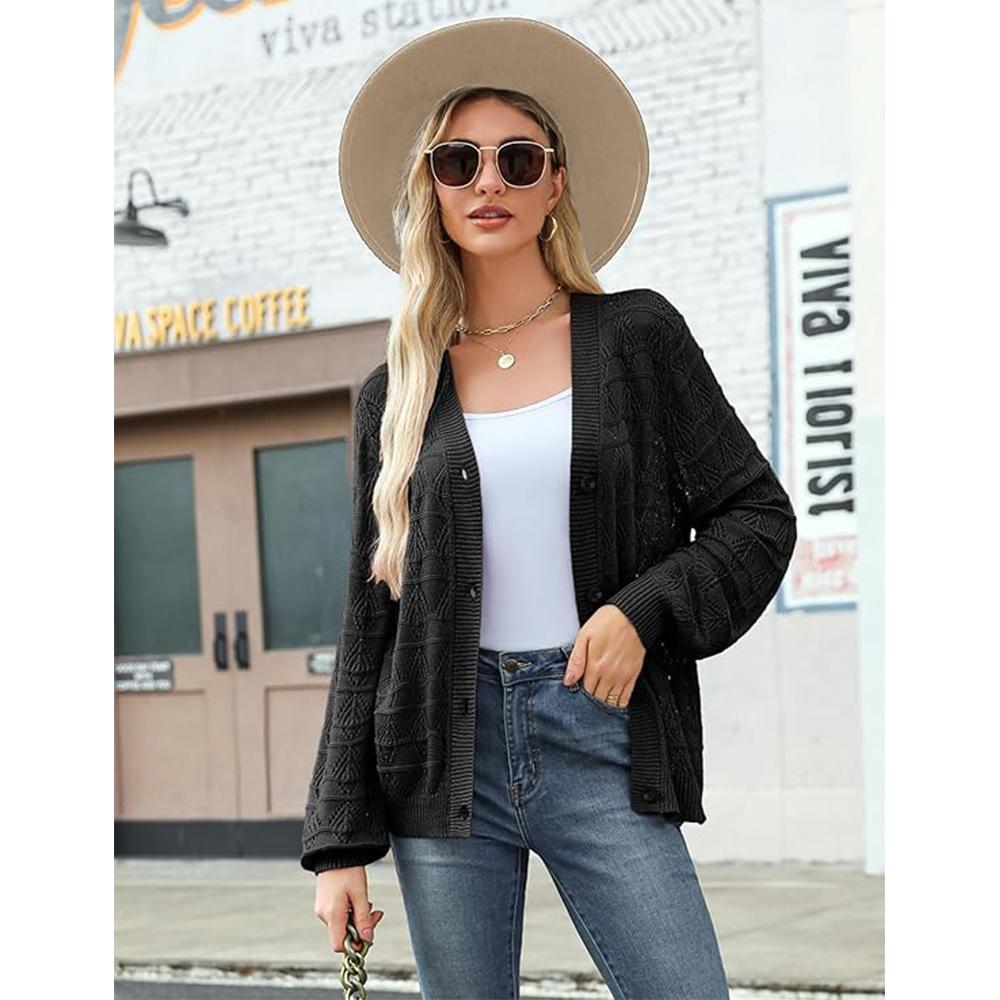 Dámský lehký háčkovaný zkrácený kardigan 2025 s výstřihem do V, dlouhým rukávem a bolerkem na knoflíky