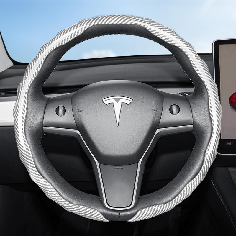 Suitable for Tesla Carbon Fiber Texture Steering Wheel Cover, Snap-On Wave-Shaped Sporty Design, Durable Protective Case Suitable for Model 3 Y S X