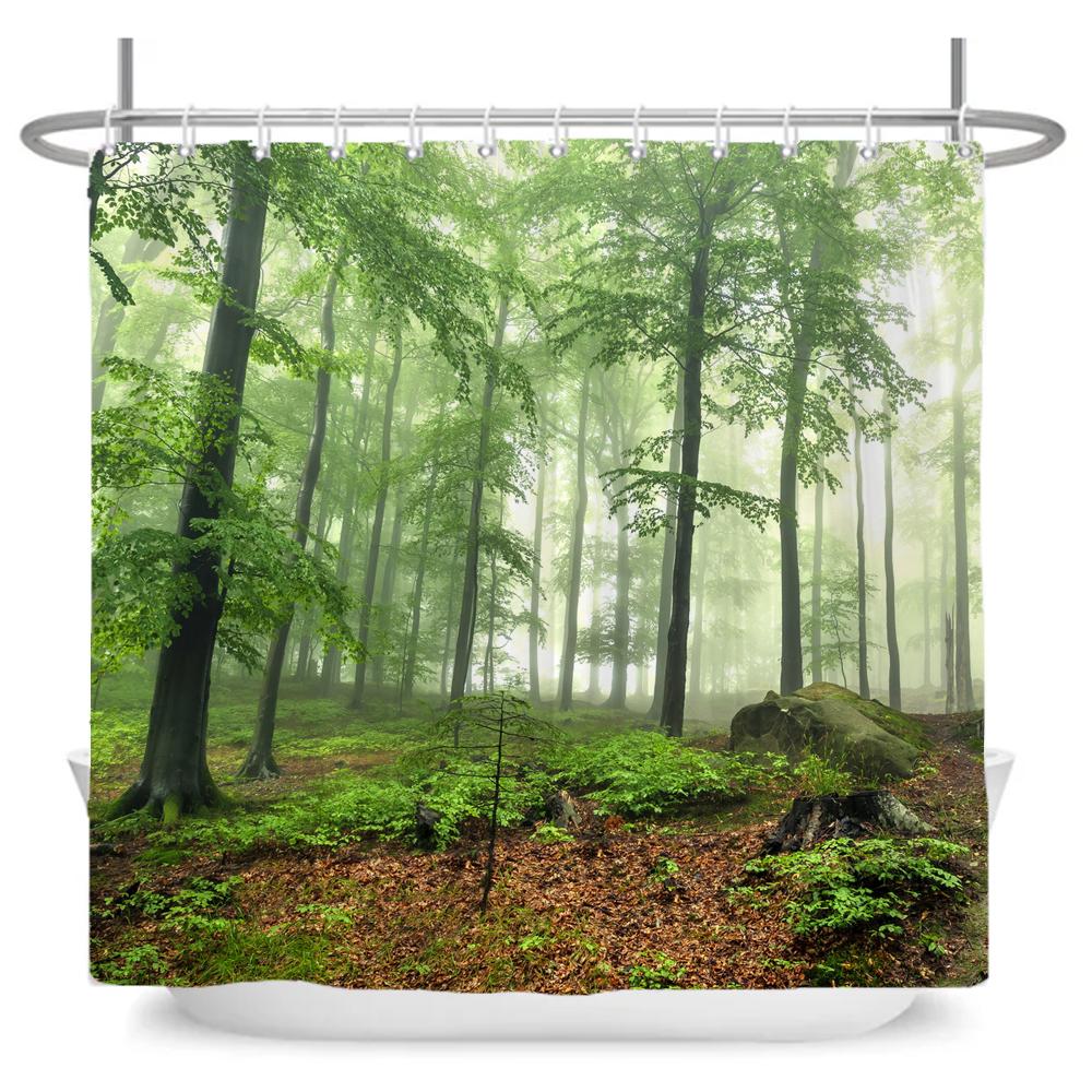 Natürliche Waldbaum-Landschaft Duschvorhang Badezimmer Wasserdicht Polyestergewebe Badezimmervorhang 3D-Druck Duschwandmatte