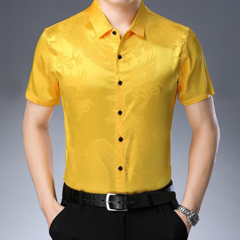 

Новая летняя жаккардовая мужская рубашка с короткими рукавами для мужчин среднего возраста, мужская рубашка с половиной рукавов с узором дракона XXXXL