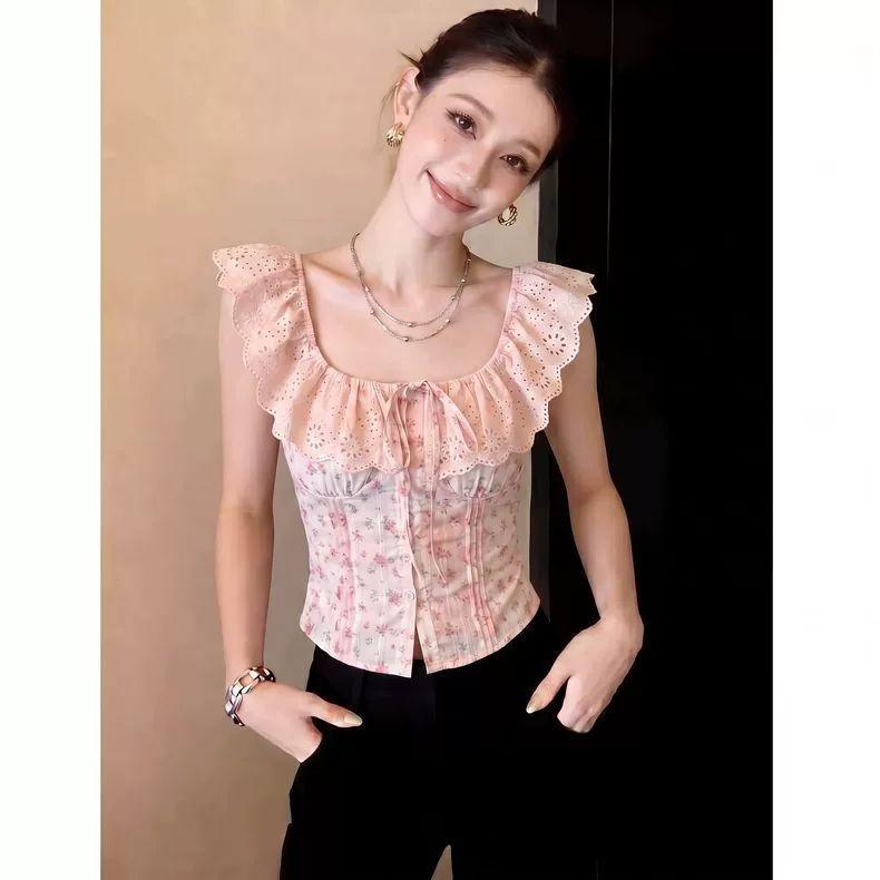 French gentle wind floral fungus edge vest women's summer new square neck lace-up waist thin short top
