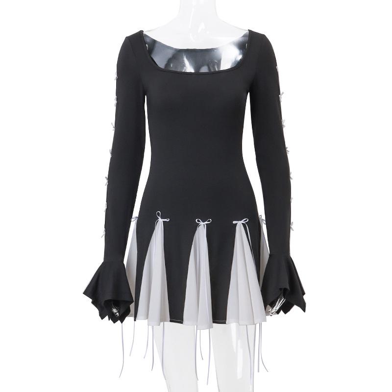 

2023 Autumn Sweet & Spicy Bow Tie Bell Sleeve Dress for Women S чёрный