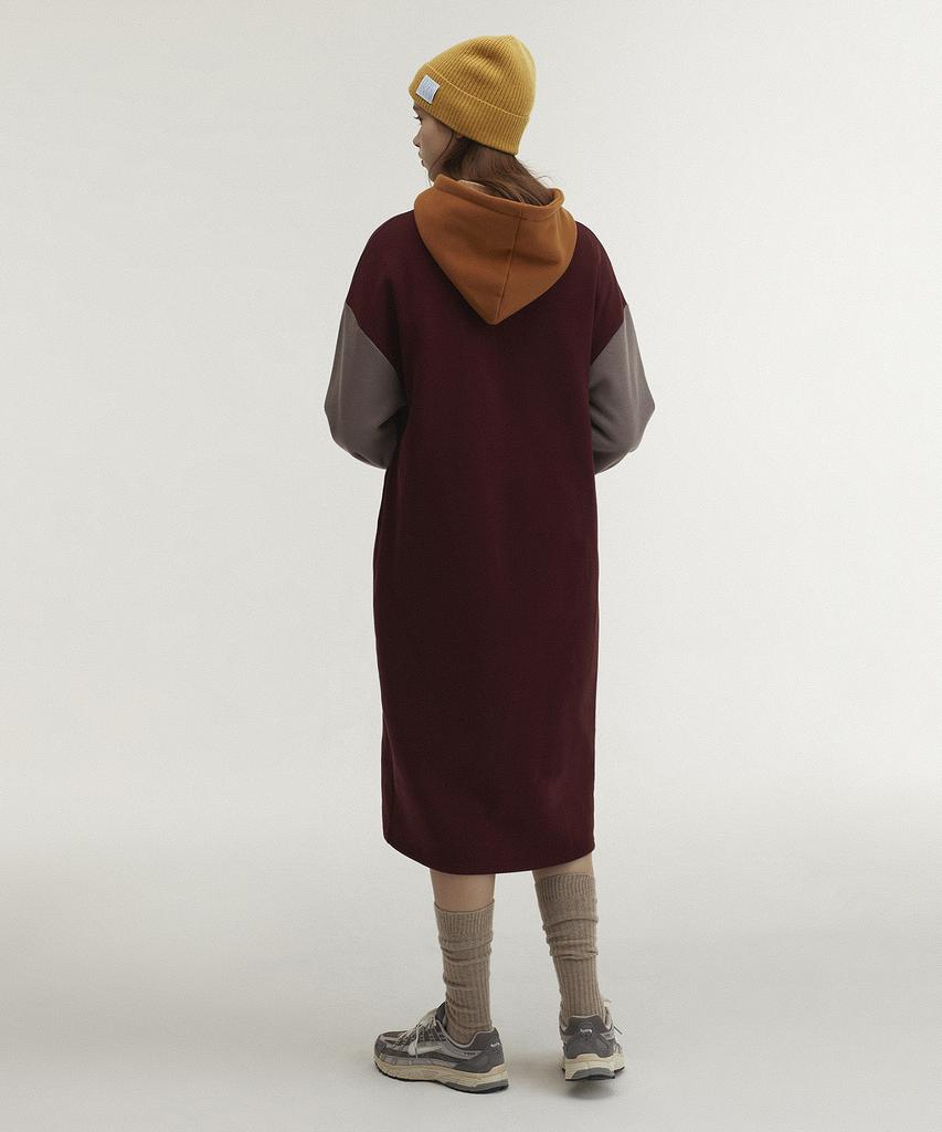 Between A And B Hooded Long Jersey Fleece-Lined Dress [Burgundy]