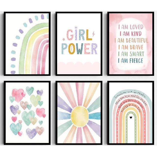 6Pcs Pink Boho Sun Rainbow Wall Art Colorful Heart Pattern Poster Prints Girl Power Canvas Pictures for Toddler Nursery Girl Kids Room