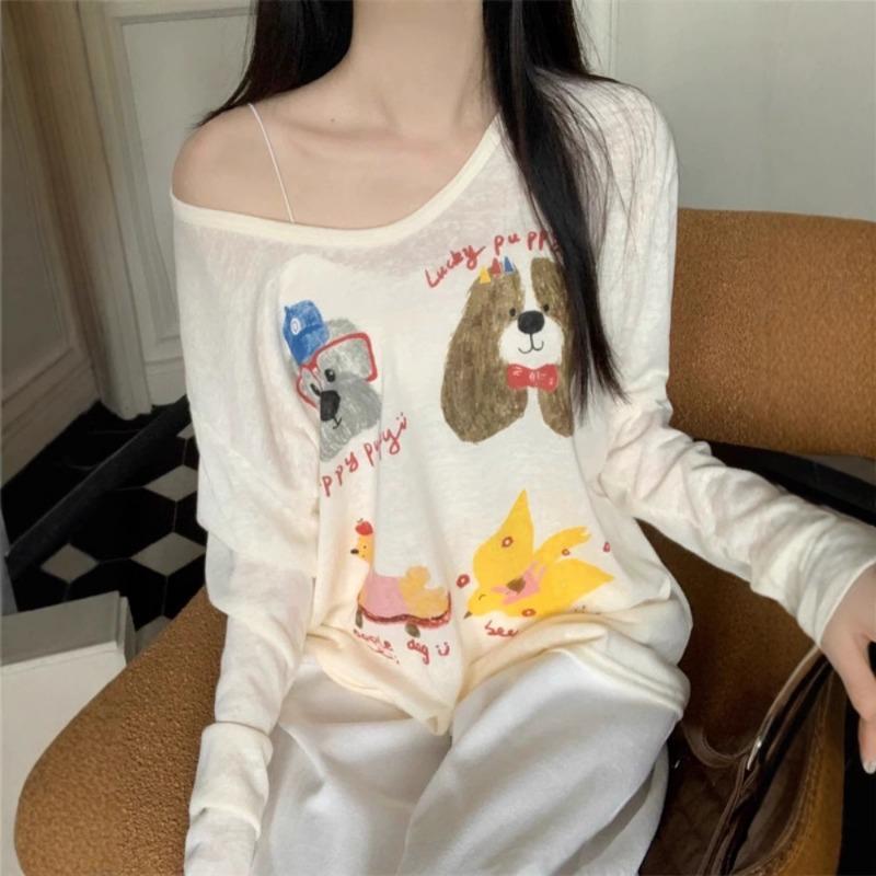 Niche Fun Printed Long-sleeved T-shirt Women's Thin Sun Protection Top Autumn Design Fashionable Lazy Loose Blouse