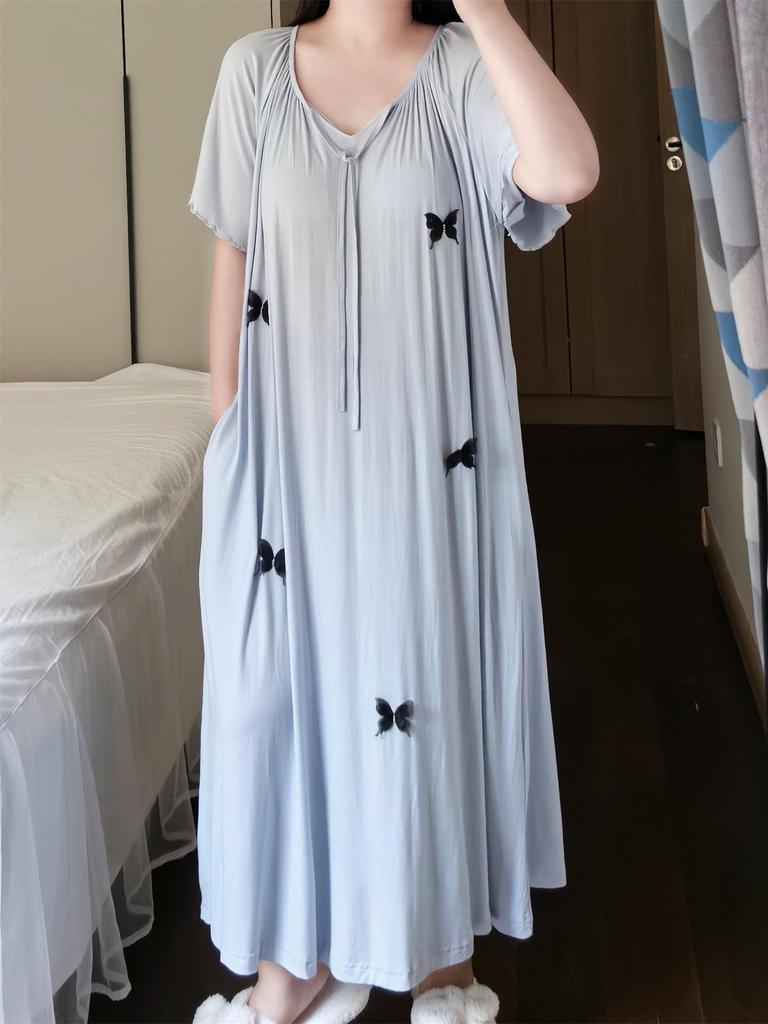 Women's Plus Size Summer Short-Sleeved Dress with Built-in Bra for Home or Outdoors