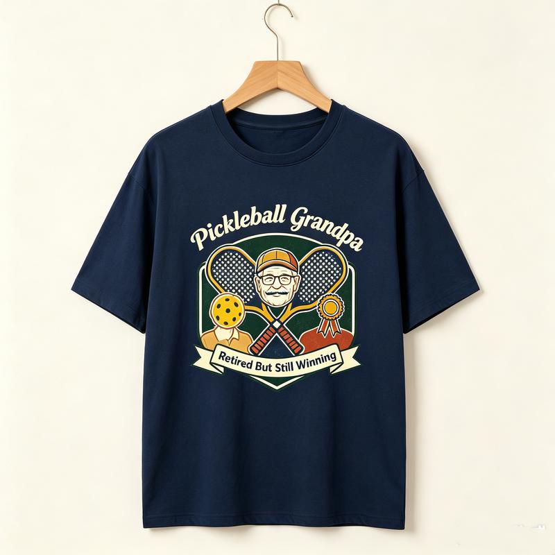 Pickleball Grandpa Retired But Still Winning Vintage Shield Crest Graphic T Shirt Unisex Casual Cotton Short Sleeve Tops Funny