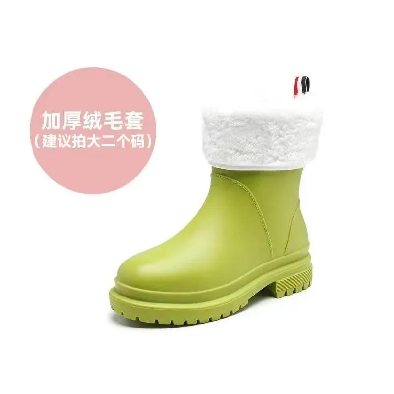 New Windproof Rain Boots Women Leather Mid-calf Rainboots Fashion Elastic Band Rain Shoe Ladies Cotton Waterproof Work Boot2025