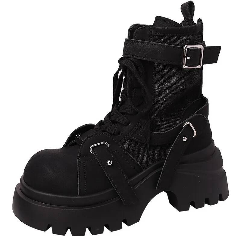 Thick Platform Boots Women'S Versatile Lace Up Ankle Boots  Autumn Winter New Patchwork Fabric Thick Soled Short Biker Boots