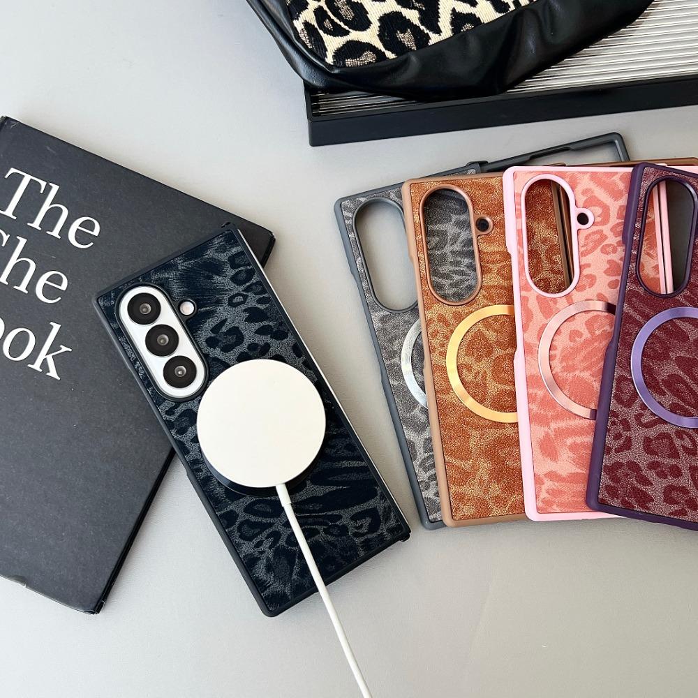 Leopard Print Luxury Leather Magnetic for Magsafe Phone Case for Samsung Galaxy Z Fold 7 6 5 4 Fold7 ZFold7 Shockproof Cover