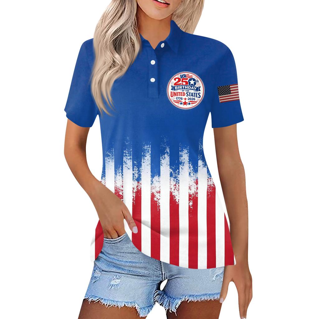 Short Sleeve Polo Shirt Button Down Collar Casual Top with Patriotic Print for 250th Anniversary Celebration USA Independence Day