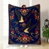 Two Swallows In Flight with Ornate Floral and Vine Patterns On Blue. for All Seasons Blanket Lunch Break Throw Gift